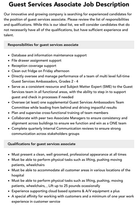 Guest Services Associate Job Description Velvet Jobs