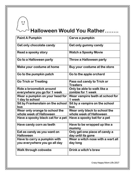 Free Printable Halloween Would You Rather Questions Halloween