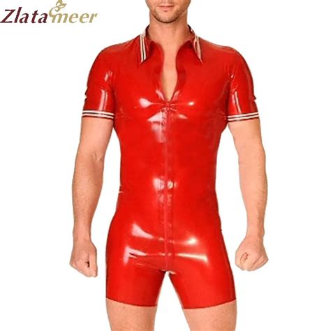 Front Zipper Latex Man Catsuit Rubber Fetish Tight Customes Short