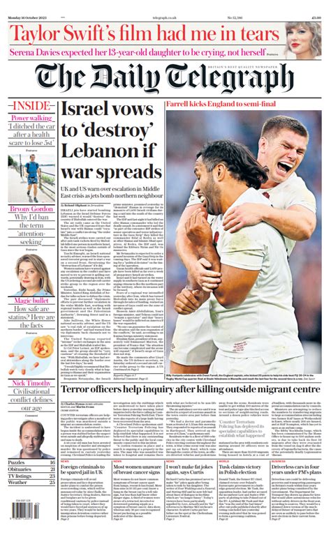 Daily Telegraph Front Page 16th Of October 2023 Tomorrow S Papers Today