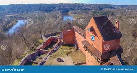 Latvia Ancient Turaida Castle In Spring Panoramic Photo Since 1214