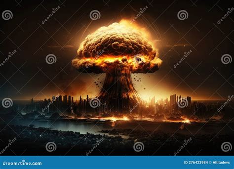 Nuclear Fireball Engulfing City With Smoke And Flames Visible Stock