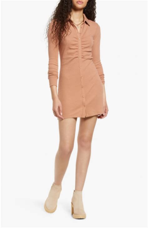 Bp Ruched Long Sleeve Rib Shirtdress