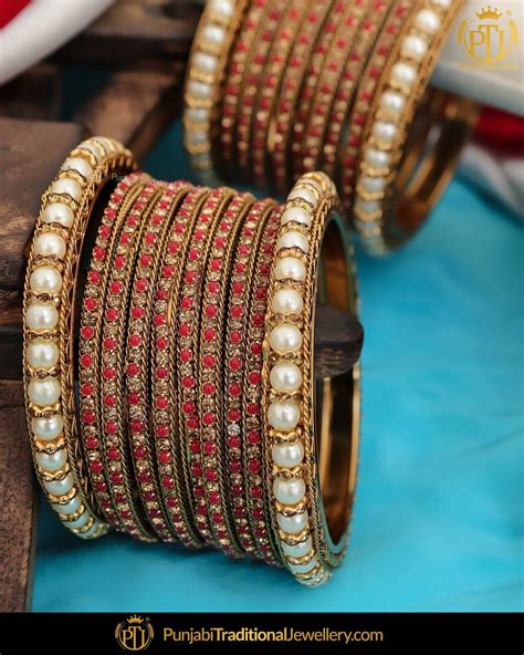 Antique Gold Finished Red Pearl Bangle Set Both Hand Pair Punjabi Punjabi Traditional