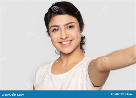 Head Shot Portrait Smiling Indian Girl Taking Selfie Video Call Stock Image Image Of