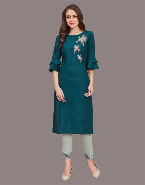 royal blue embroidred straight soft blend cotton kurta set with pant rudra fashion 3344275