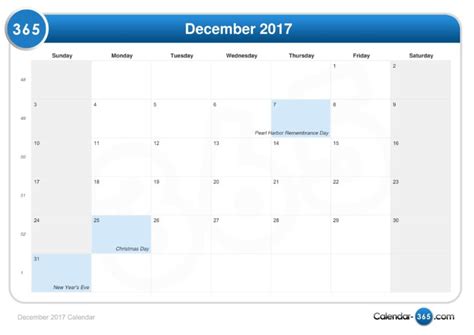 December 2017 Calendar With Holidays Templates Free Printable