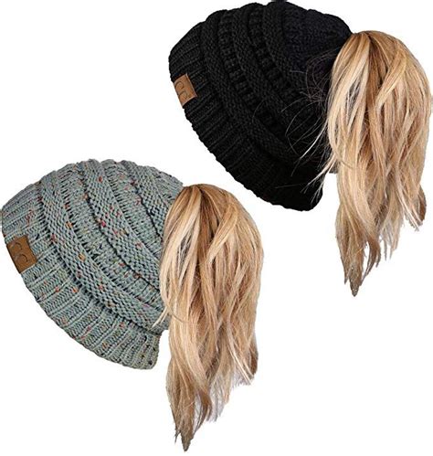 Funky Junque Womens Beanie Ponytail Messy Bun Beanietail Multi Color