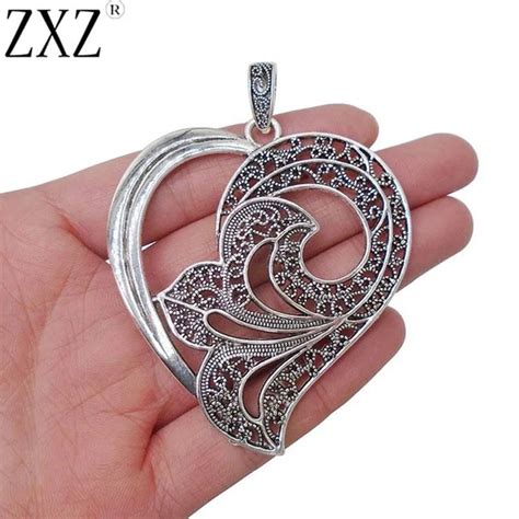 Zxz 2pcs Large Antique Silver Heart Shape Design Charms Pendants For