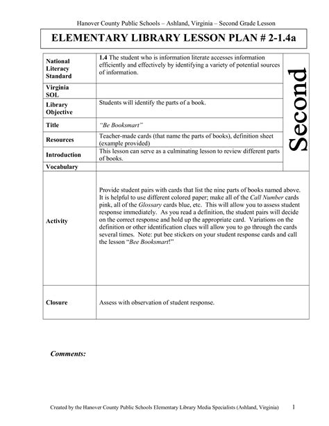 Elementary Library Lesson Plan Templates At