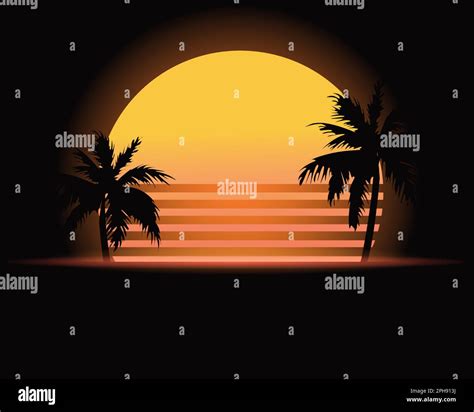 retro style tropical sunset with palm tree silhouette and gradient dark background classic 80s