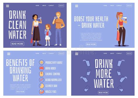 Drink More Water Hydration Benefit Banner Set With Cartoon People