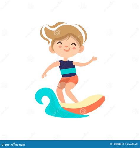 Kid Surfing Around Blue Ocean Wave Cartoon Vector Illustration