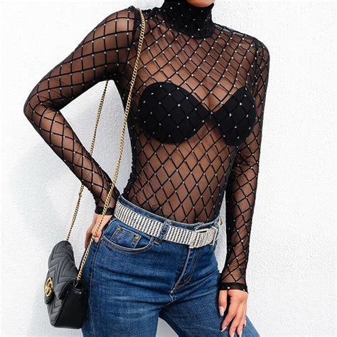 focusnorm women new black sheer mesh lace jumpsuit long sleeve top turtleneck bodysuit