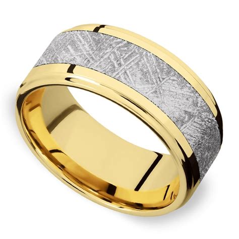 Flat Groove Edged Meteorite Inlay Polish Yellow Gold Mens Ring V1 