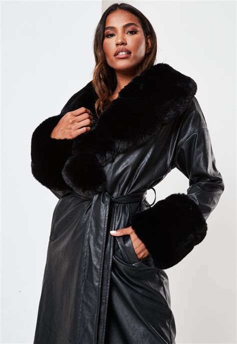 Black Faux Leather Faux Fur Trench Coat Missguided