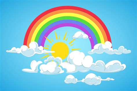 Vector Sun Rainbow And Clouds Blue Sky By Microvector