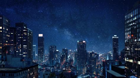 4k Night Cityscape Lights Stars Starry Night Sky Hd Wallpaper