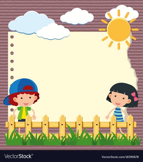 Border Template With Girl And Boy In Garden Vector Image