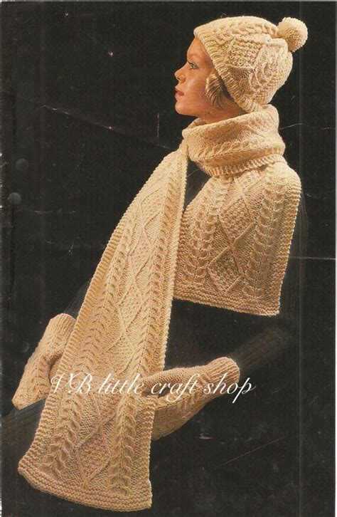 aran hat mitts and scarf knitting pattern instant pdf