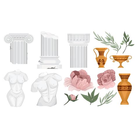 Colonnes Grecques Antiques Fleurs Ensemble Concept Illustration Vectorielle