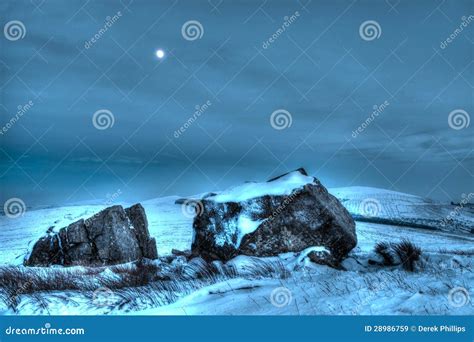 Winter Snow And Moon Scene Hdr Stock Image Image Of Boulders Wide