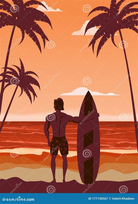 Surfer Standing With Surfboard On The Tropical Beach Back View Palms