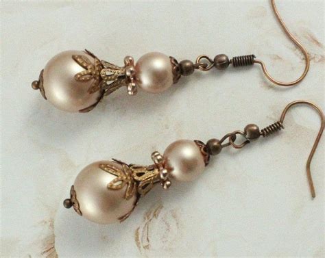 Vintage Pearl Drop Earrings Antique Copper Beaded Earrings Etsy
