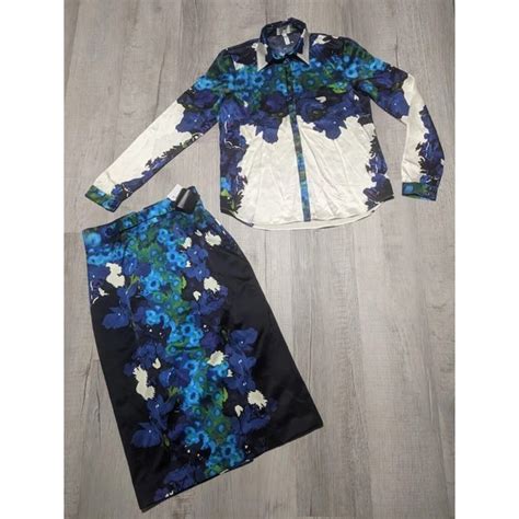Erdem Skirts Erdem White Blue Black Floral 2 Piece Set Silk Blouse