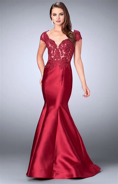 La Femme 23960 Mikado Mermaid With Lace Cap Sleeve Bodice And Open