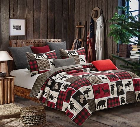Rustic Bear Moose Quilt And Shams Lodge Log Cabin Bedding Twin Full Queen