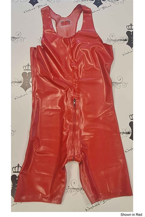 men s all in one latex muscle suit with vest style top and zip crotch