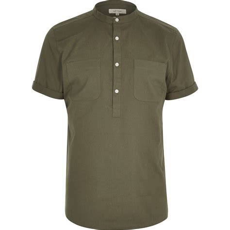 River Island Khaki Green Over Head Short Sleeve Shirt In Khaki For Men
