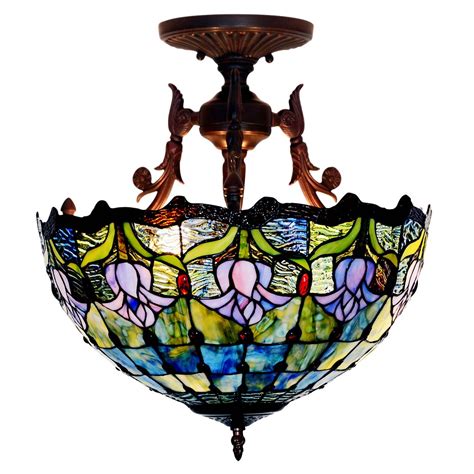 Bieye L10485 16 Inches Tulip Tiffany Style Stained Glass Semi Flush Mount Ceiling Light Fixutre