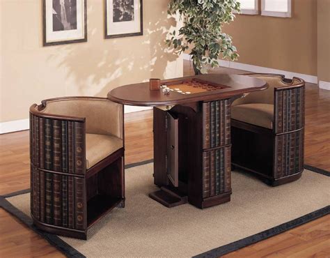Whether you have a dedicated game room, a home bar, or a play den, a game table chair combination can be a real show stealer. Powell Library Game Table and 2 Chairs with Game Pieces PW ...