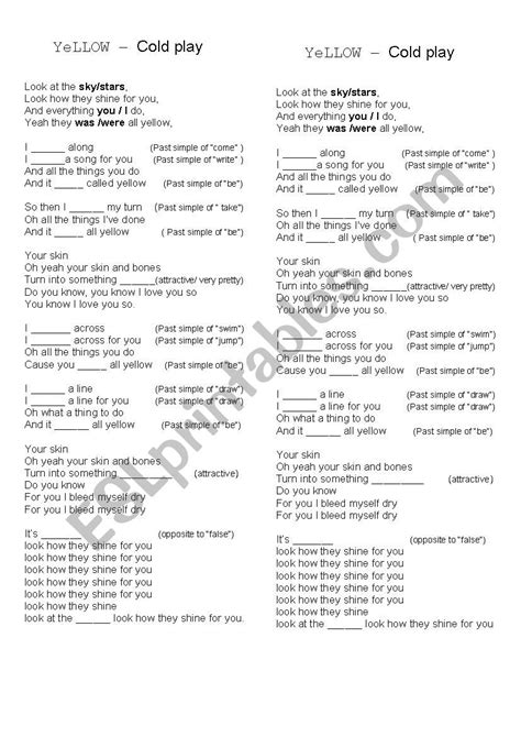 Yellow By Coldplay Esl Worksheet By Pattyrs09