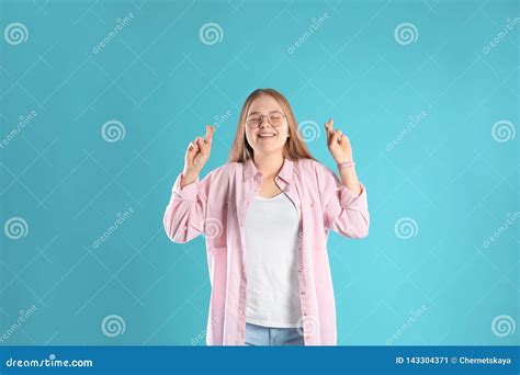 Emotional Teenage Girl Crossing Her Fingers On Background Stock Image Image Of Girl Model