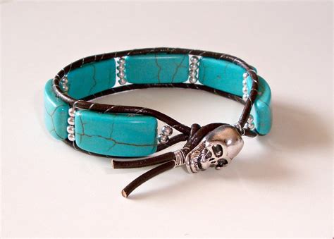 Turquoise Bracelet Skull Bracelet Leather Beaded Bracelet