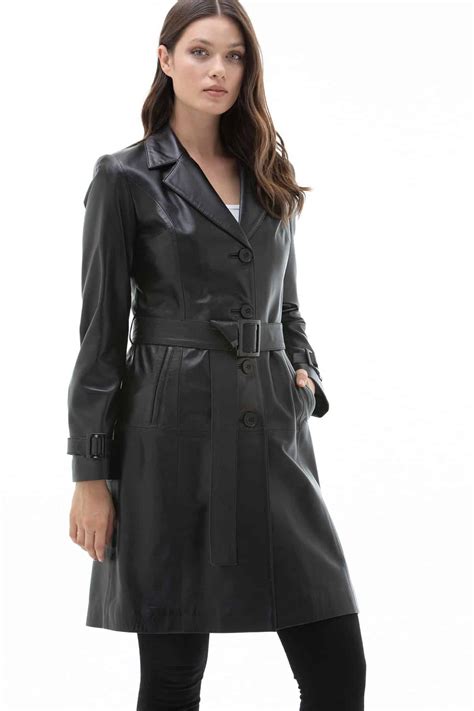 Barbara Womens 100 Real Black Leather Trench Coat