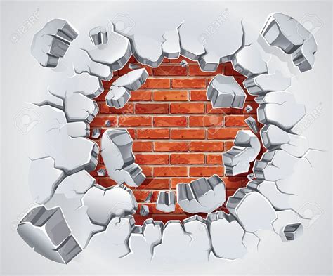 Clipart Of A Breaking Brick Wall With A Hole Royalty Free Vector