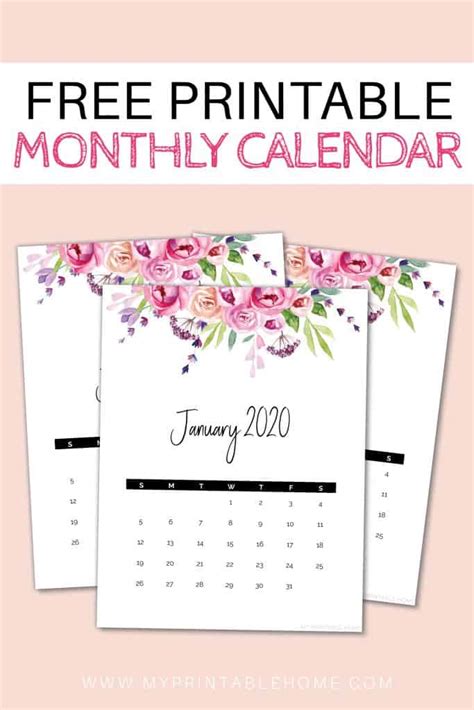 2020 Vertical Monthly Calendar Flowers My Printable Home