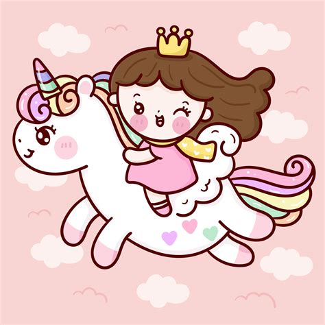 Cute Princess Cartoon Ride Unicorn Pegasus On Sky In 2021 Unicorn