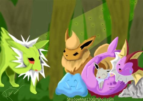 Espeon has large ears and a red gem is embedded in its forehead. Shiny Eevee Evolutions by JetHero13 on DeviantArt