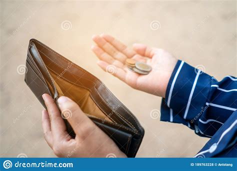 Woman Holds An Empty Purse And Coins In Hand Meaning Money Financial Problem Or Bankrupt Jobless