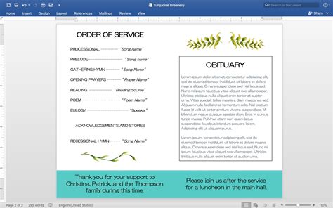 Turquoise Funeral Program Template Microsoft Word Modern Etsy