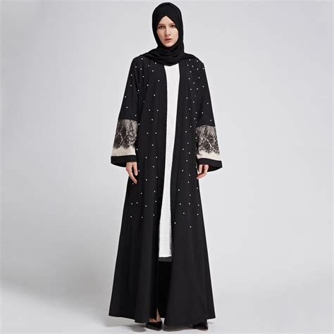 Dubai Pearl Lace Cardigan Abaya Muslim Dress Kaftan Islamic Dress