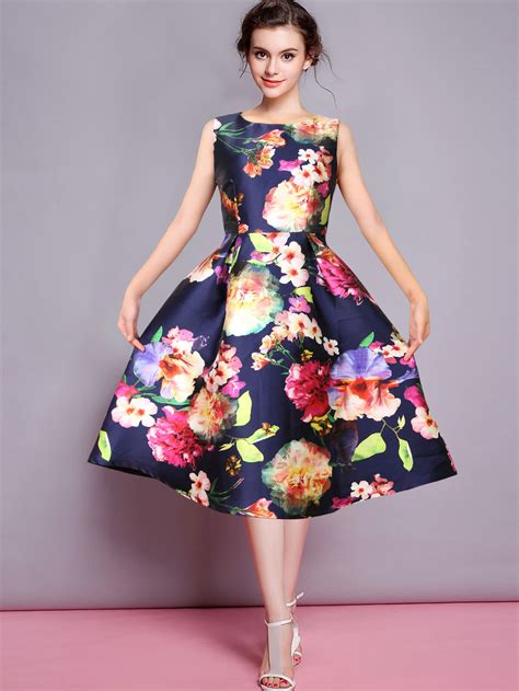 Sleeveless Florals Flare Navy Dress Elbise I Ekli Elbise Elbise