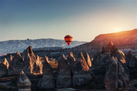 Amazing Sunset Over Cappadocia Beautiful Color Balloons Turkey Stock