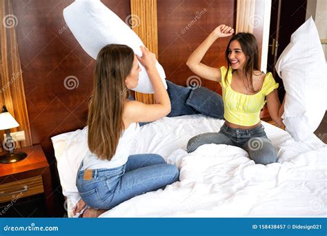Pillow Fight Between Two Girls Stock Image Image Of Apartment Interior 158438457