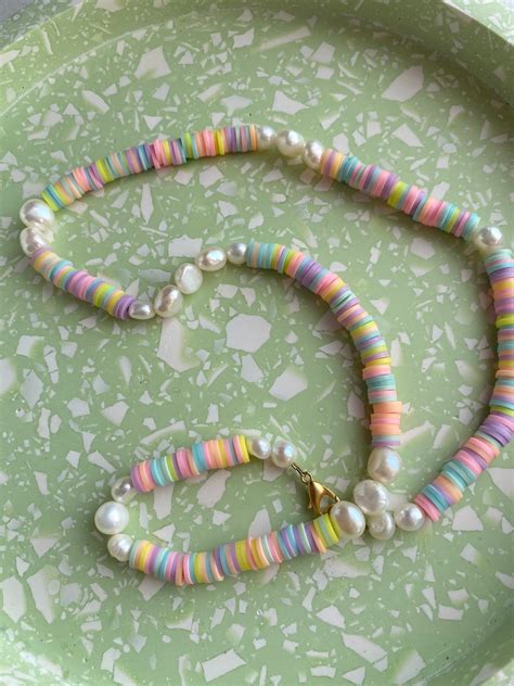 Rainbow Heishi Pearl Necklace Polymer Clay Beads Pastel Etsy Uk